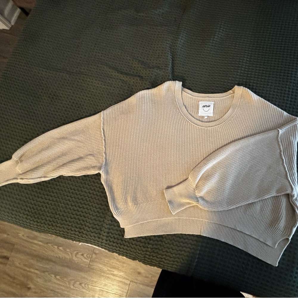 Aerie Ribbed Cream Crew Neck Sweater